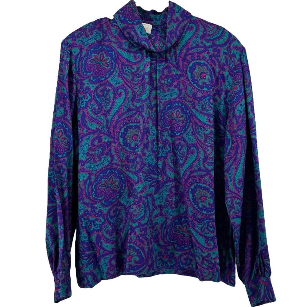 Vintage Pendleton Country Sophisticates Blouse Paisley Mock Neck Wool 80s 16